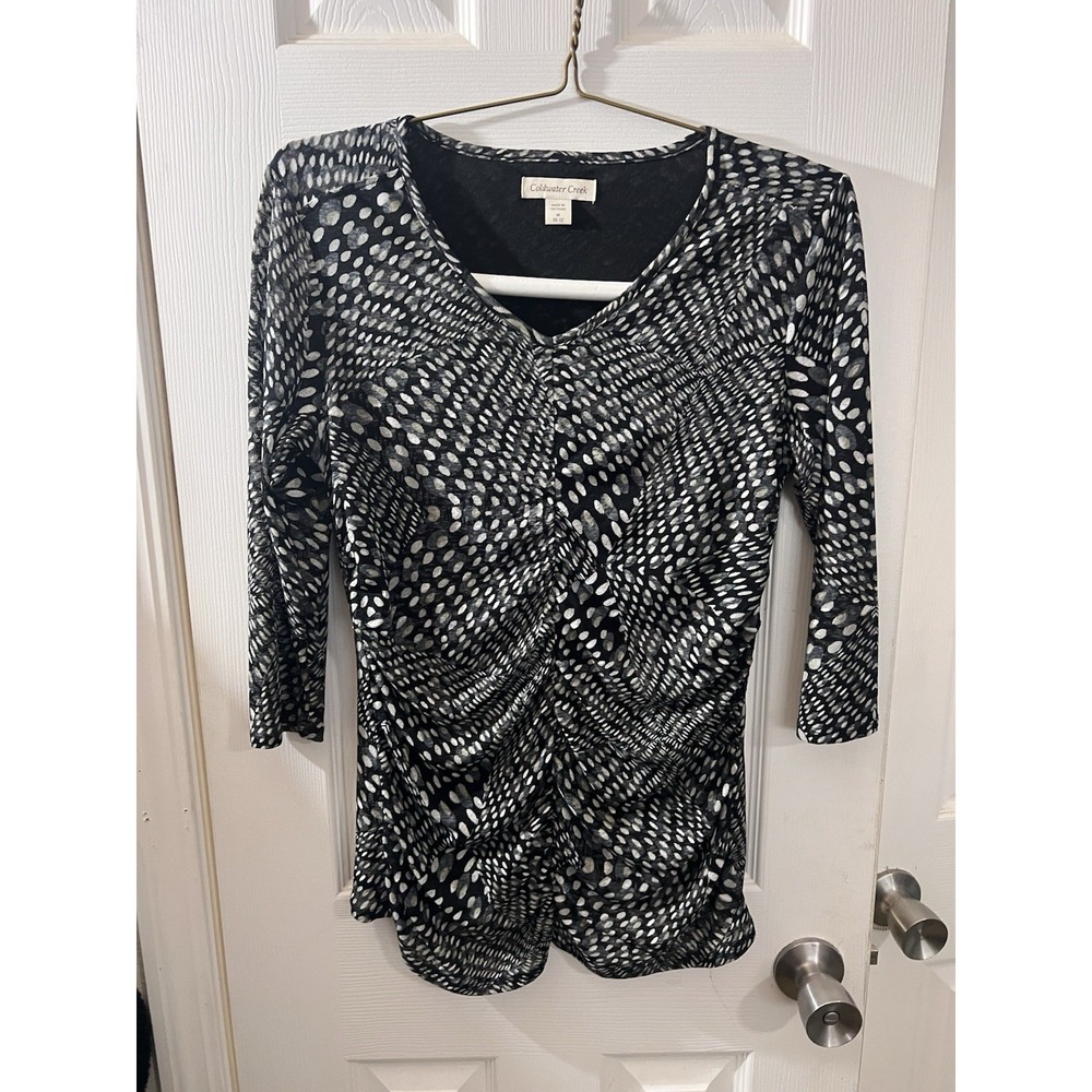 Coldwater Creek Top‎ Ruched V-Neck Mesh 3/4 Sleeve Blouse Medium 10-12